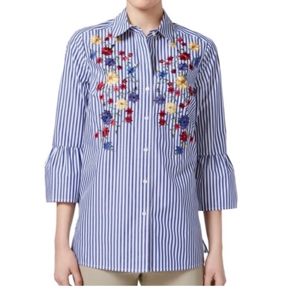 Charter Club Blue Striped Floral Button Down Blouse - Picture 6 of 6